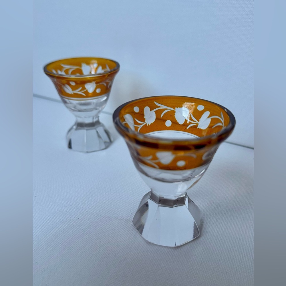 KARL PALDA Vintage Czech Bohemian Art Deco amber cut-to-clear cordial glasses